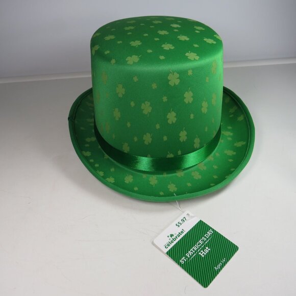 St Patrick's Day Satin Fabric Top Hat with tone on tone shamrocks - Picture 1 of 12